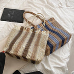 Bolsa de Palha Listrada de Grande Capacidade para Mulheres