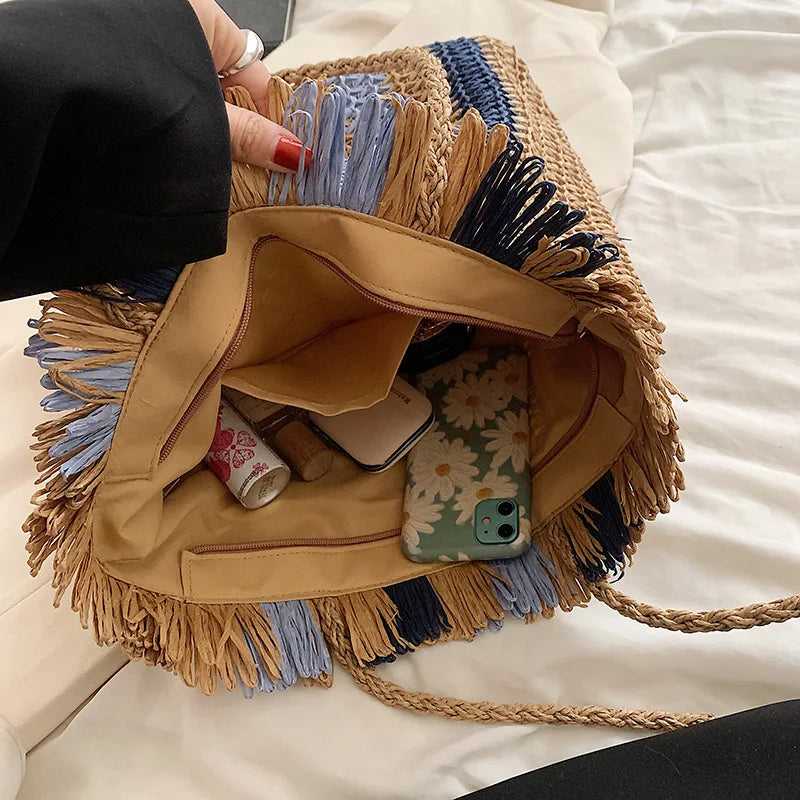 Bolsa de Palha Listrada de Grande Capacidade para Mulheres