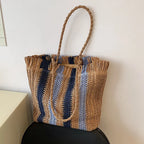 Bolsa de Palha Listrada de Grande Capacidade para Mulheres