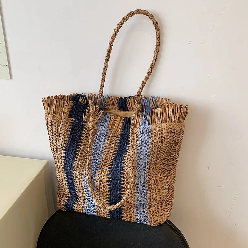 Bolsa de Palha Listrada de Grande Capacidade para Mulheres