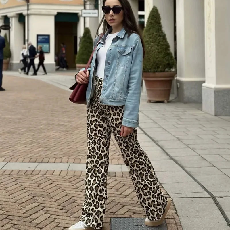 Calças Femininas Estampa Leopardo Cintura Alta