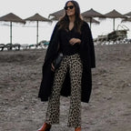Calças Femininas Estampa Leopardo Cintura Alta
