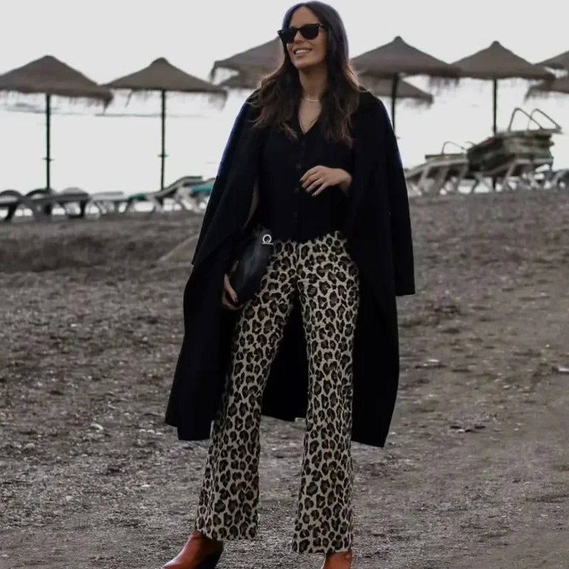 Calças Femininas Estampa Leopardo Cintura Alta