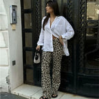 Calças Femininas Estampa Leopardo Cintura Alta