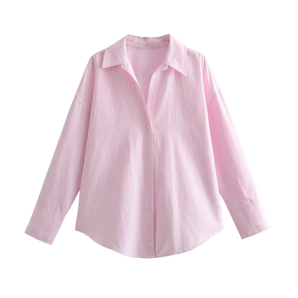 Camisa Femininas Assimétricas Manga Longa Listras
