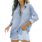 Camisa Jeans Feminina Vintage com Bolsos