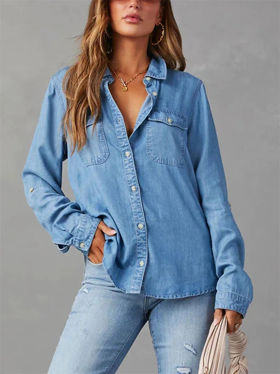 Camisa Jeans Feminina Casual Manga Longa