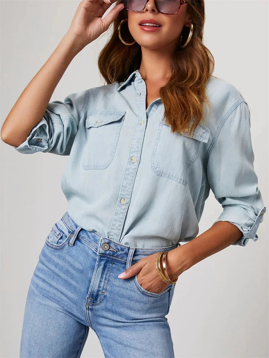 Camisa Jeans Feminina Casual Manga Longa