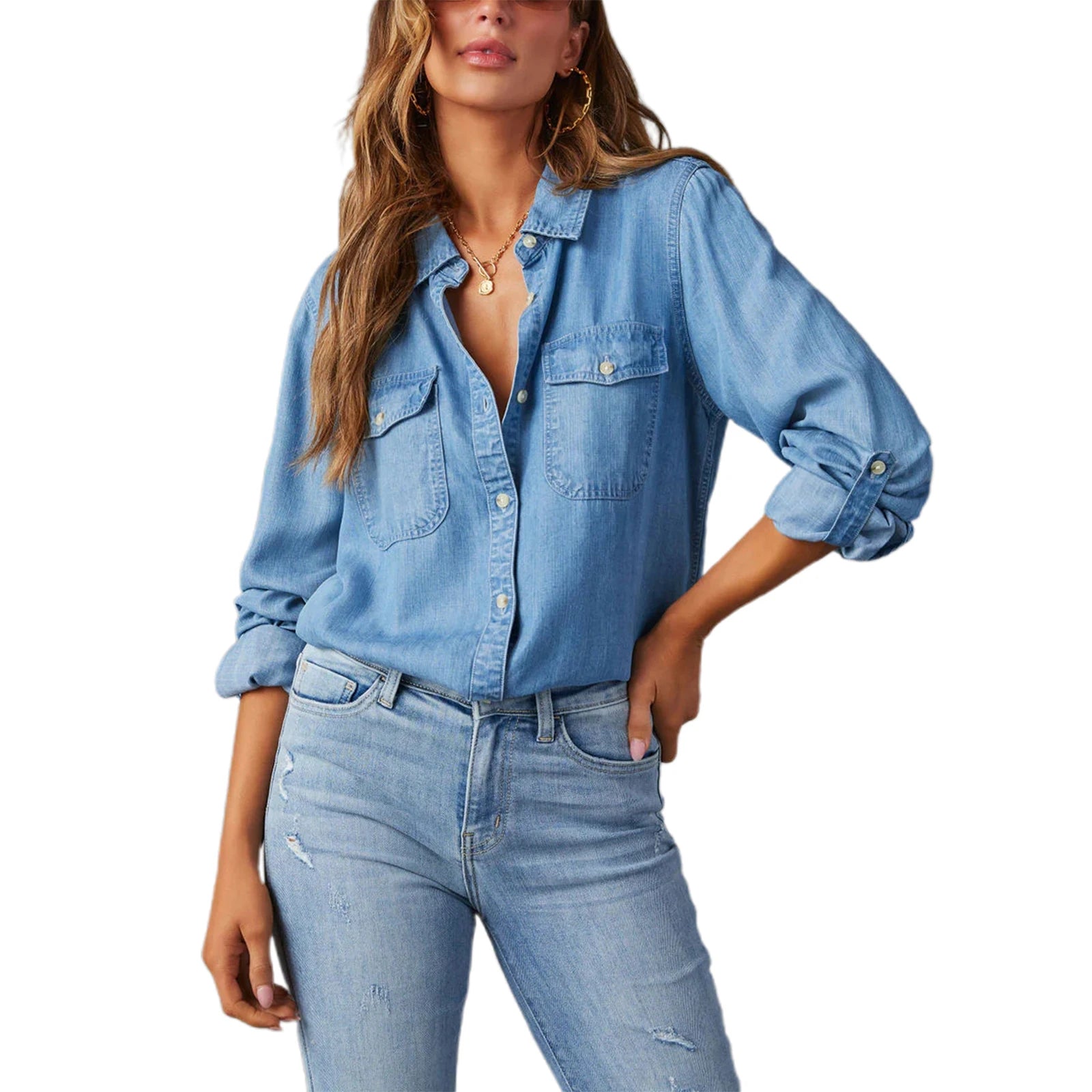 Camisa Jeans Feminina Casual Manga Longa