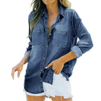Camisa Jeans Feminina Vintage com Bolsos