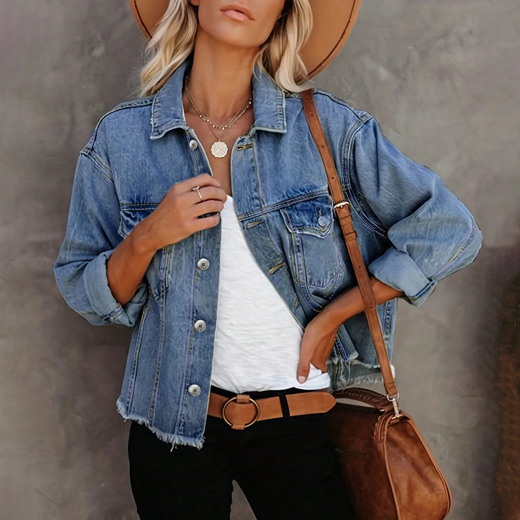 Casaco Jeans Feminino Casual com Botões e Bolsos