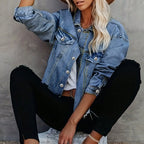 Casaco Jeans Feminino Casual com Botões e Bolsos