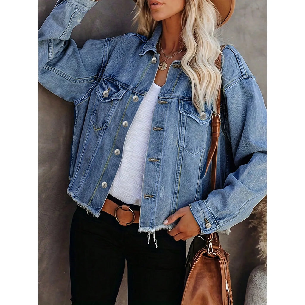 Casaco Jeans Feminino Casual com Botões e Bolsos