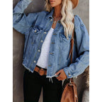 Casaco Jeans Feminino Casual com Botões e Bolsos