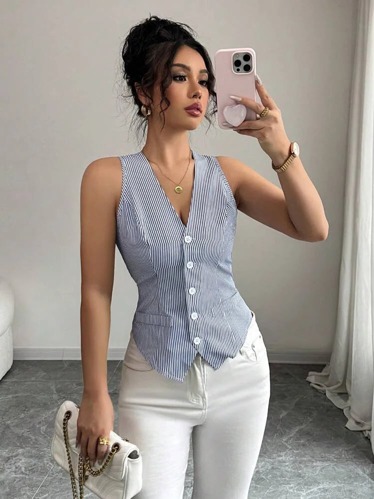 Colete Cardigan Listrado Sem Mangas de Verão