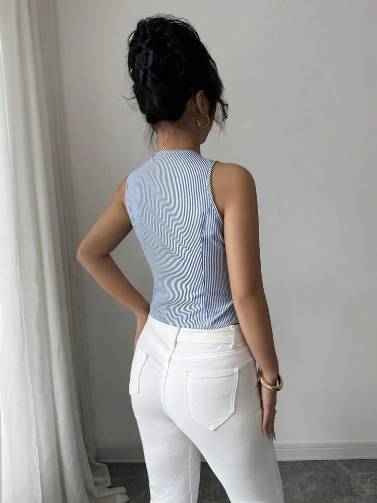 Colete Cardigan Listrado Sem Mangas de Verão