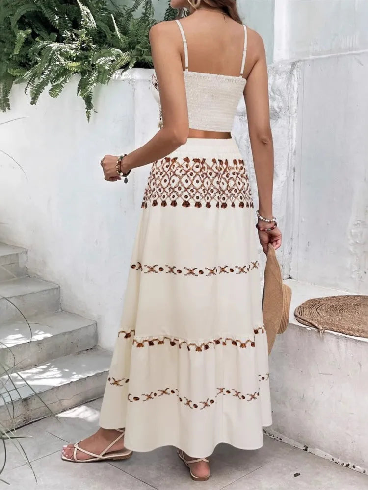 Conjunto Boho com Toper sem Mangas e Saia Alta