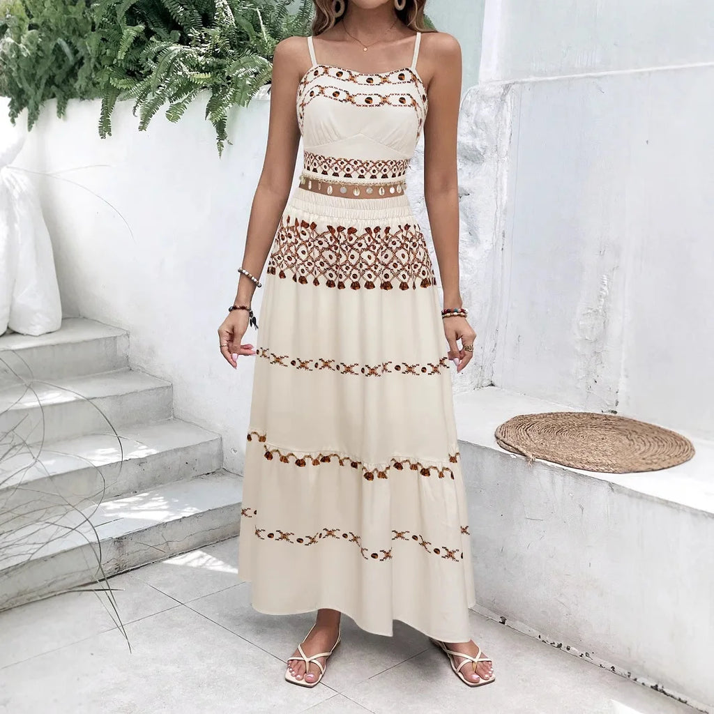 Conjunto Boho com Toper sem Mangas e Saia Alta