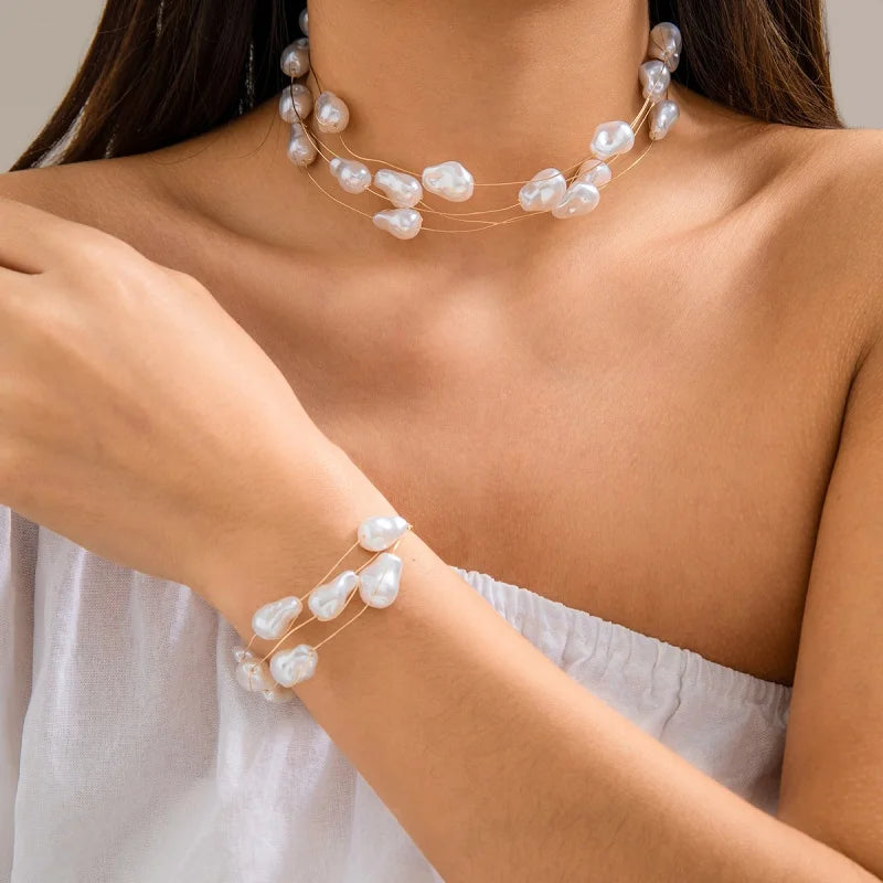 Conjunto Colar e Pulseira Barroco com Pérolas