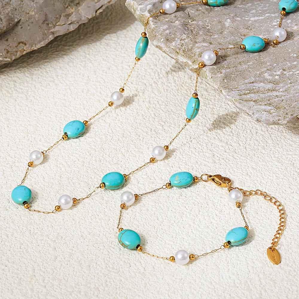Conjunto Colar e Pulseira de Turquesa e Pérolas