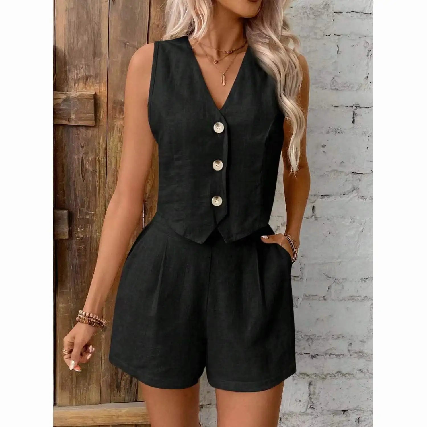 Conjunto Feminino Casual de Linho com Decote em V