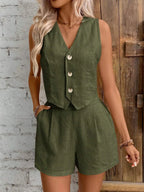 Conjunto Feminino Casual de Linho com Decote em V