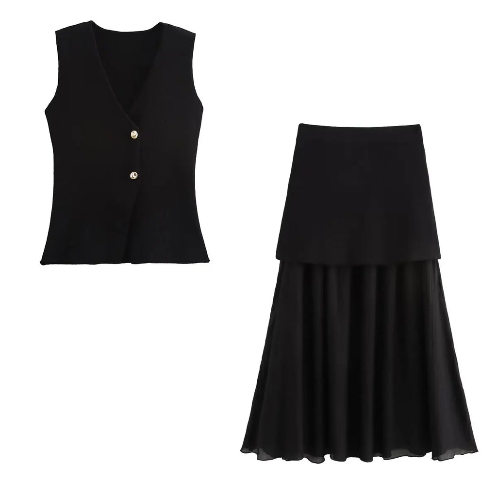 Conjunto Feminino com Colete e Saia Longa
