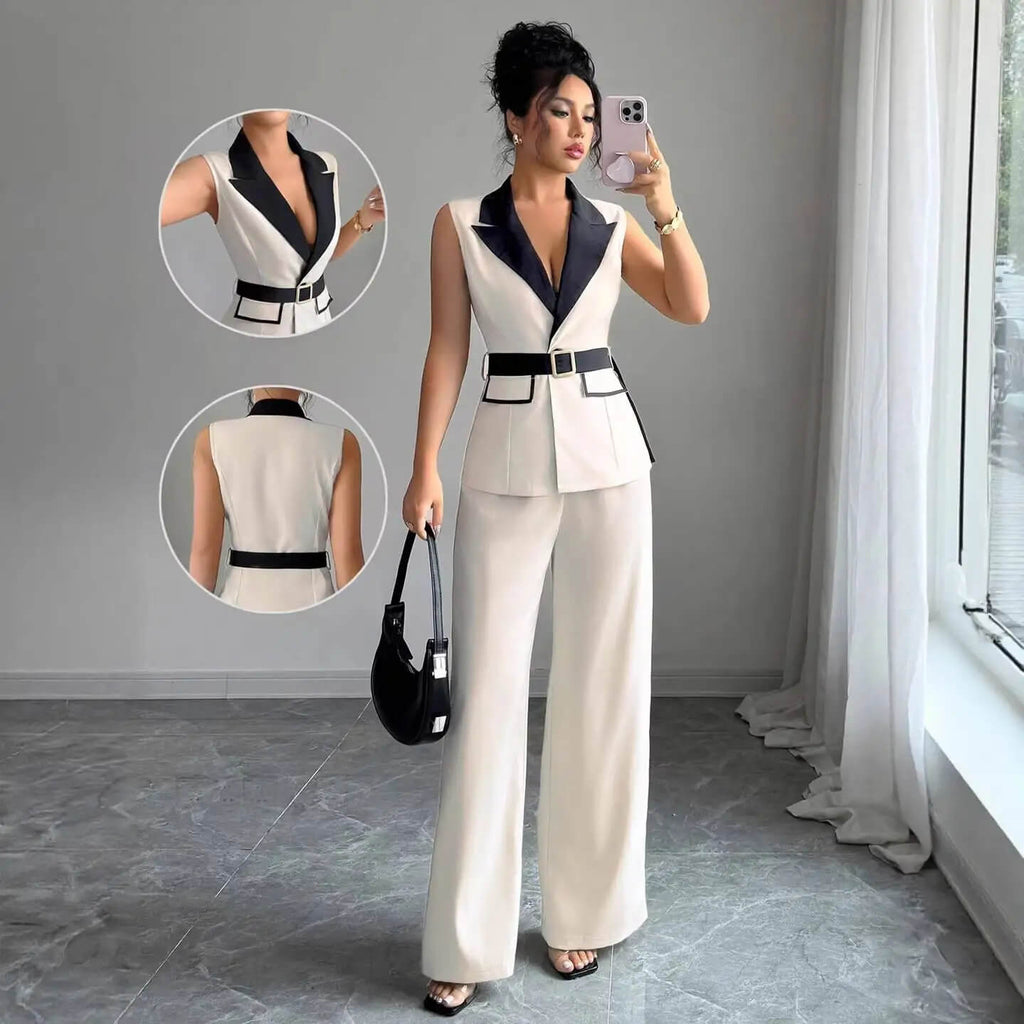 Conjunto Feminino de Colete e Calça com Cinto