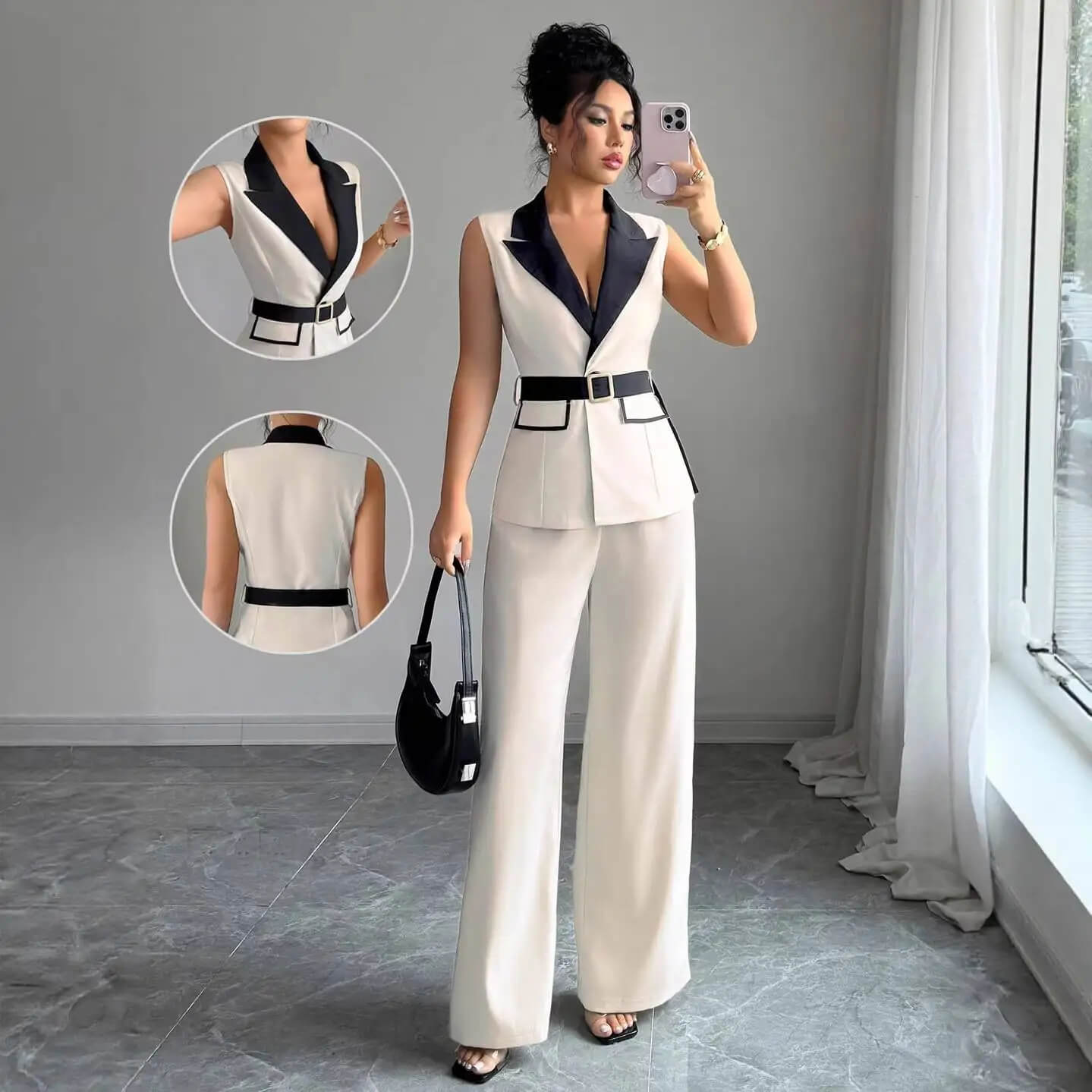 Conjunto Feminino de Colete e Calça com Cinto