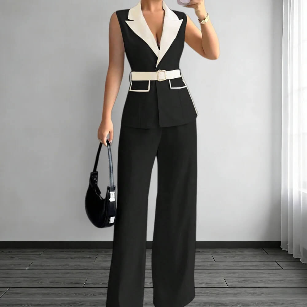 Conjunto Feminino de Colete e Calça com Cinto
