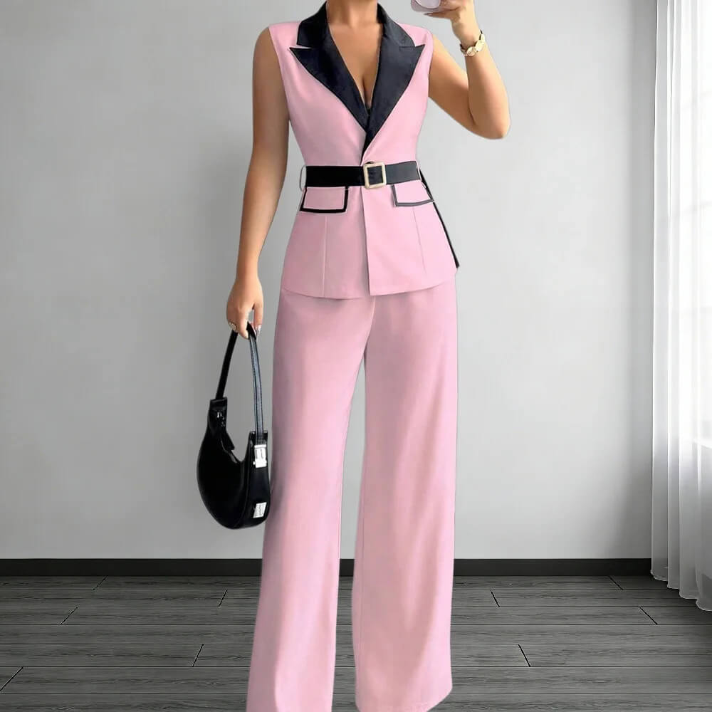 Conjunto Feminino de Colete e Calça com Cinto