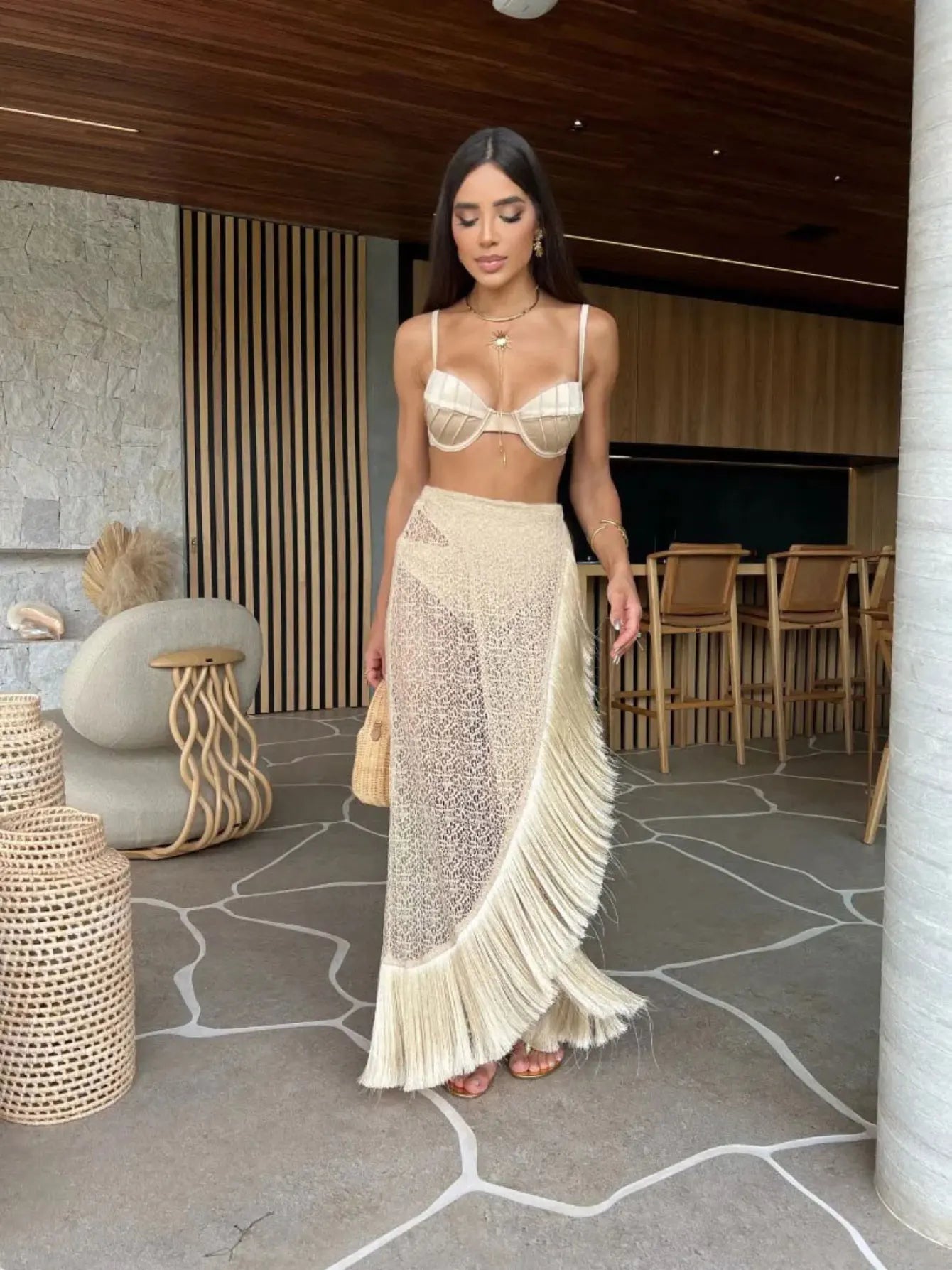 Conjunto de Biquíni 3 Peças com Saia de Franja