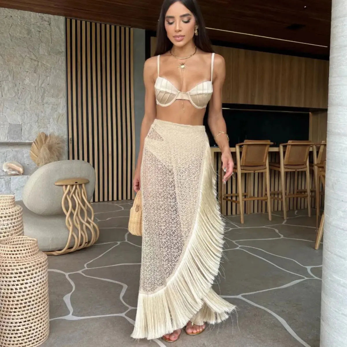 Conjunto de Biquíni 3 Peças com Saia de Franja