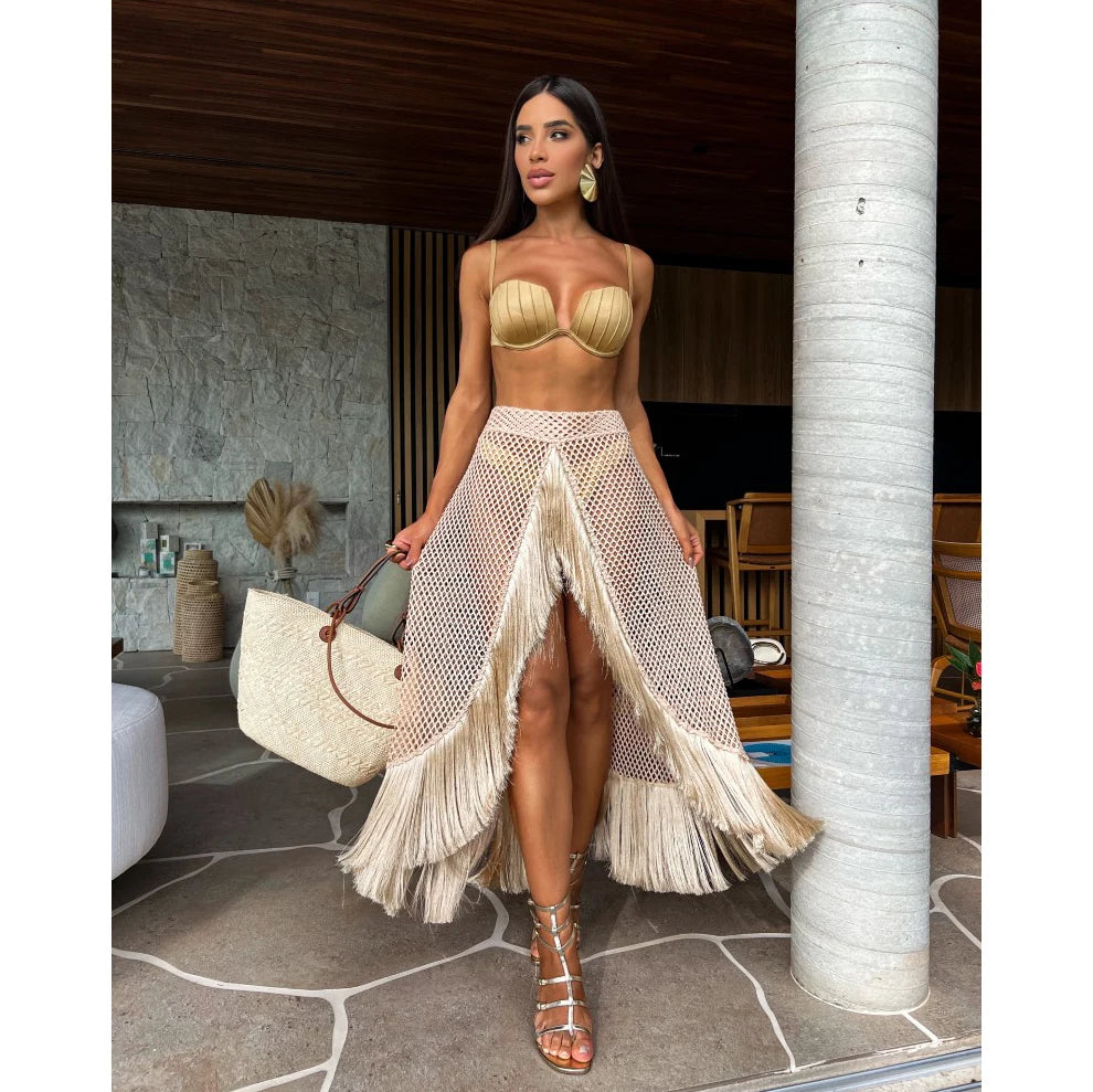 Conjunto de Biquíni 3 Peças com Saia de Franja