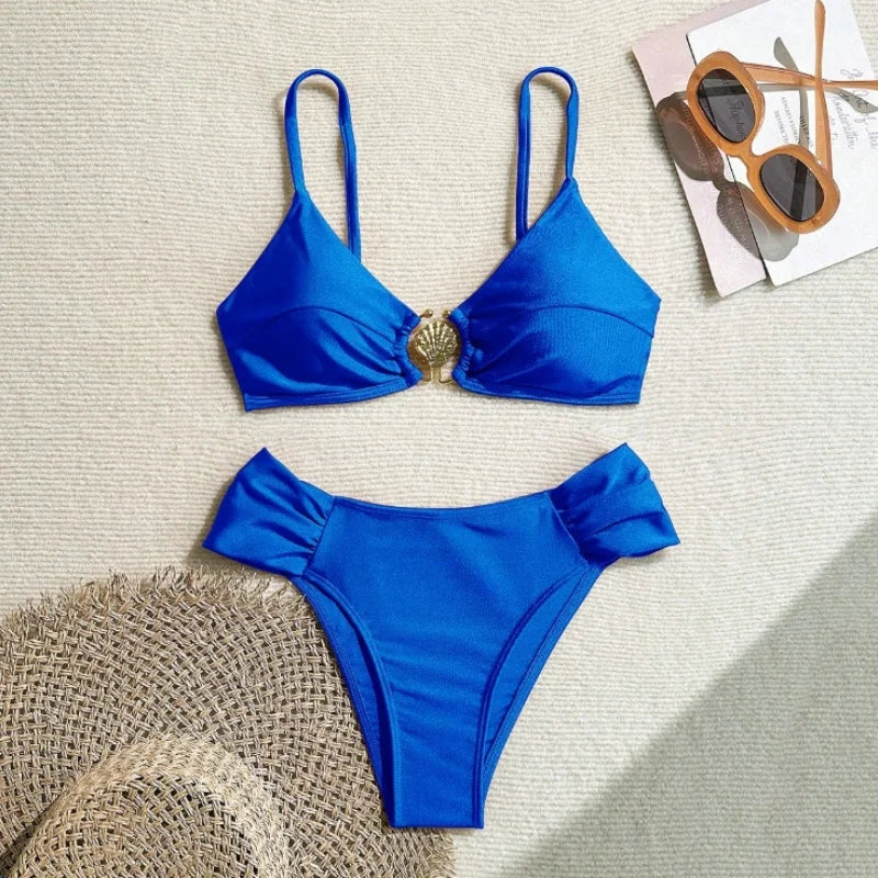 Conjunto de Biquíni Cintura Alta com Fivela Dourada