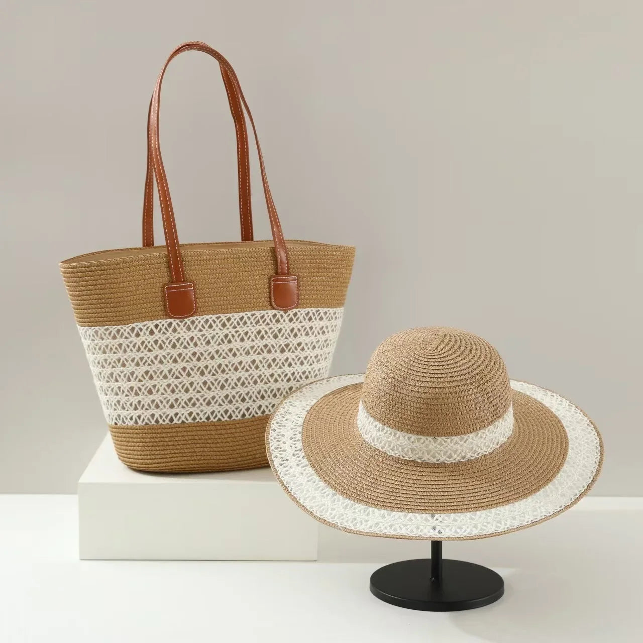 Conjunto de Bolsa e Chapéu de Palha com Grande Capacidade