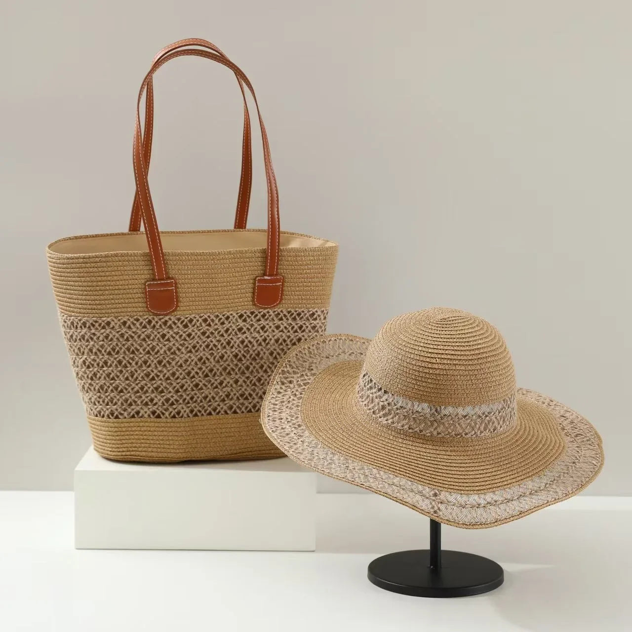 Conjunto de Bolsa e Chapéu de Palha com Grande Capacidade