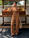 Conjunto feminino de tricot canelado com blusa cropped e calça pantalona