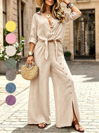 Conjunto feminino estilo linho com camisa e calça pantalona