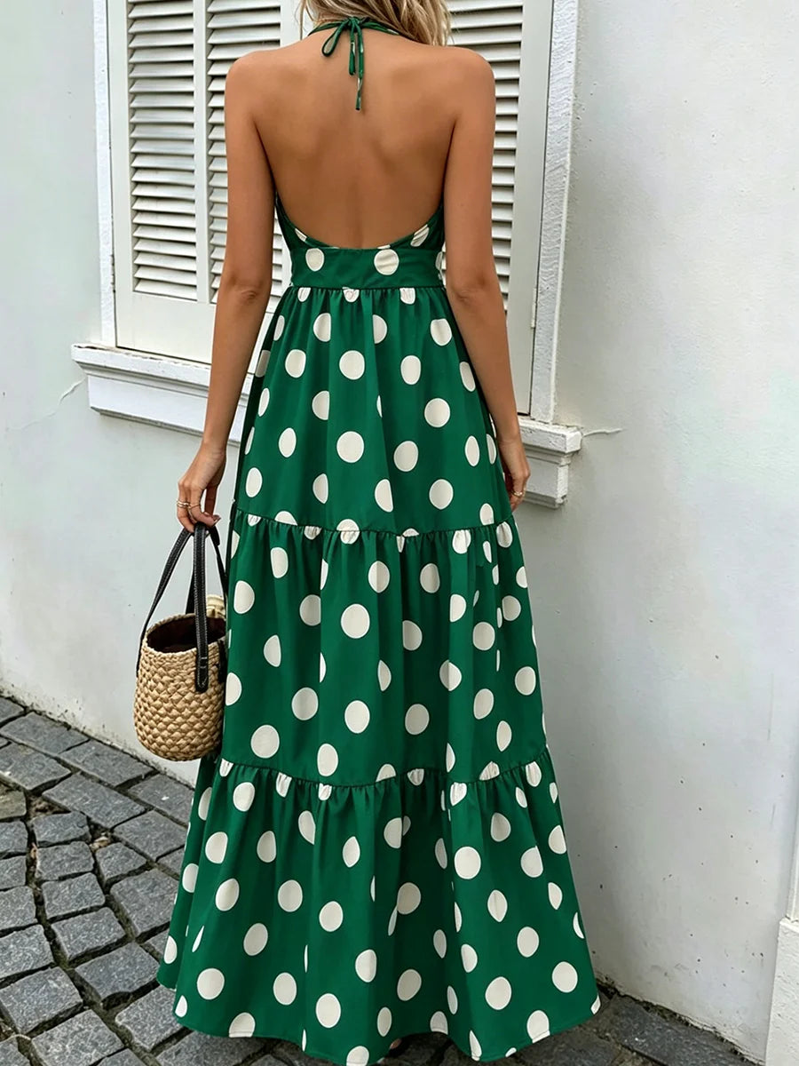 Detalhe do vestido verde com estampa de poá