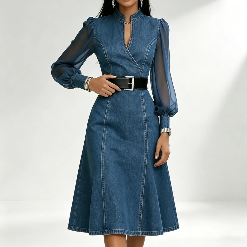 Detalhes do vestido jeans midi com mangas transparentes