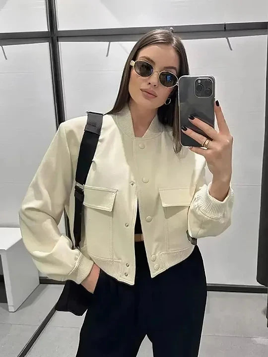 Jaqueta Bomber Feminina Vintage com Bolsos