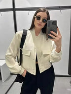 Jaqueta Bomber Feminina Vintage com Bolsos