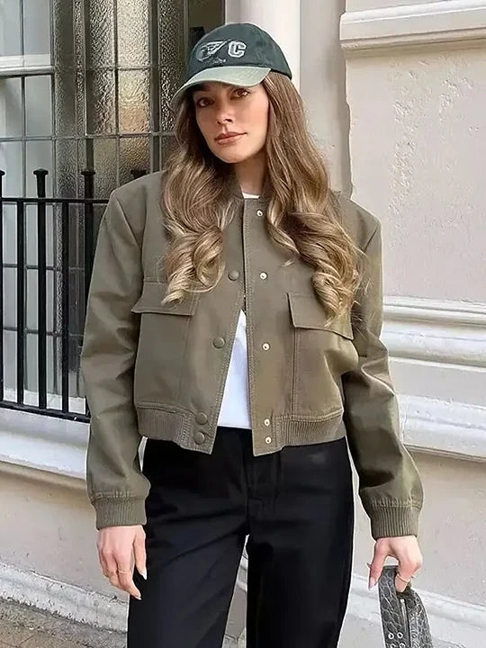 Jaqueta Bomber Feminina Vintage com Bolsos