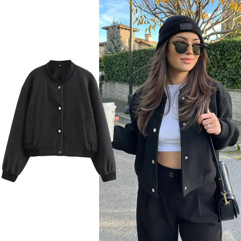 Jaqueta Cropped de Lã com Botões