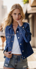 Jaqueta Denim Feminina Casual com Botões e Bolsos