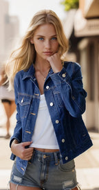 Jaqueta Denim Feminina Casual com Botões e Bolsos