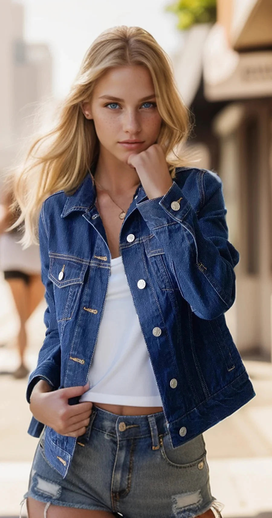 Jaqueta Denim Feminina Casual com Botões e Bolsos