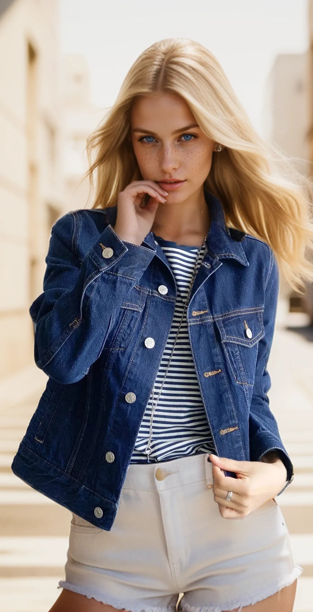 Jaqueta Denim Feminina Casual com Botões e Bolsos