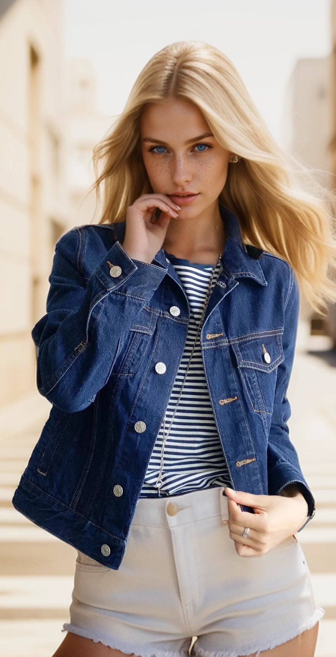 Jaqueta Denim Feminina Casual com Botões e Bolsos